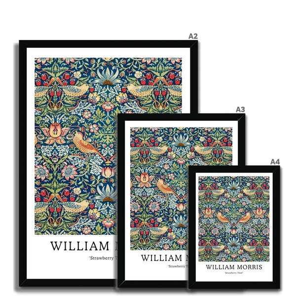 Buy William Morris framed prints in A2, A3 and A4 sizes from Arty Stuff, the Wall Art Store. Morris's vintage nature-inspired green, blue and red Strawberry Thief framed print design is a great gift for people who love their home, to add a pop of colour, and as a gift for mums, sisters and friends. Available in black, natural and white frames.
