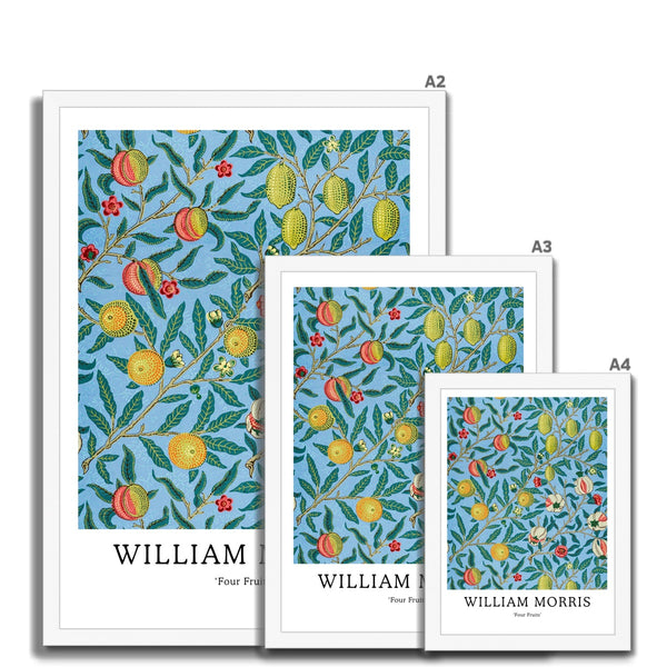 Buy William Morris framed prints in A2, A3 and A4 sizes from Arty Stuff, the Wall Art Store. Morris's vintage nature-inspired green, yellow, blue and red Four Fruits bold, colourful framed print design is a great gift for people who love their home, to add a pop of colour, and as a gift for mums, sisters and friends. Available in black, natural and white frames.