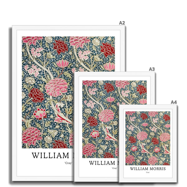 Buy William Morris framed prints in A2, A3 and A4 sizes from Arty Stuff, the Wall Art Store. Morris's vintage nature-inspired pink, red and green Cray framed print design is a great gift for people who love their home, to add a pop of colour, and as a gift for mums, sisters and friends. Available in black, natural and white frames.