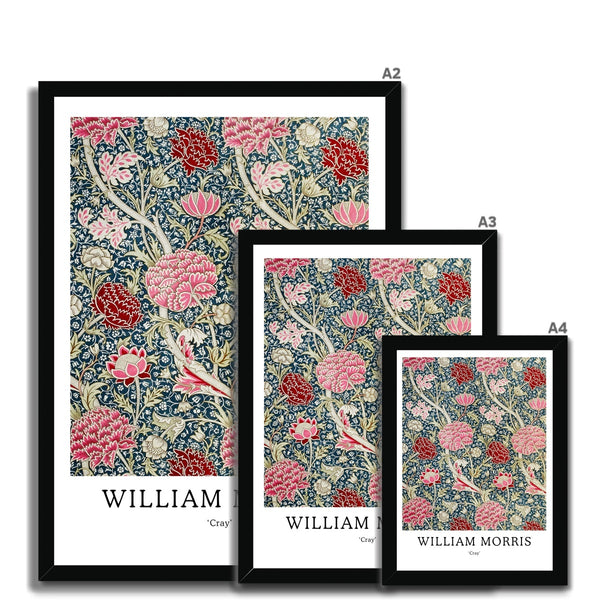 Buy William Morris framed prints in A2, A3 and A4 sizes from Arty Stuff, the Wall Art Store. Morris's vintage nature-inspired pink, red and green Cray framed print design is a great gift for people who love their home, to add a pop of colour, and as a gift for mums, sisters and friends. Available in black, natural and white frames.