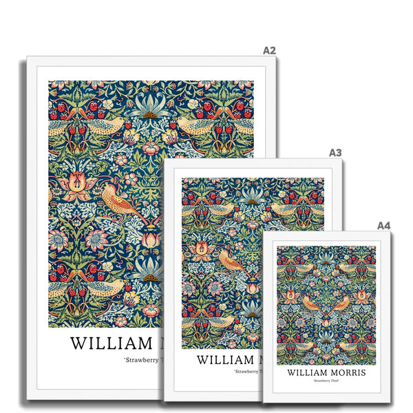 Buy William Morris framed prints in A2, A3 and A4 sizes from Arty Stuff, the Wall Art Store. Morris's vintage nature-inspired green, blue and red Strawberry Thief framed print design is a great gift for people who love their home, to add a pop of colour, and as a gift for mums, sisters and friends. Available in black, natural and white frames.