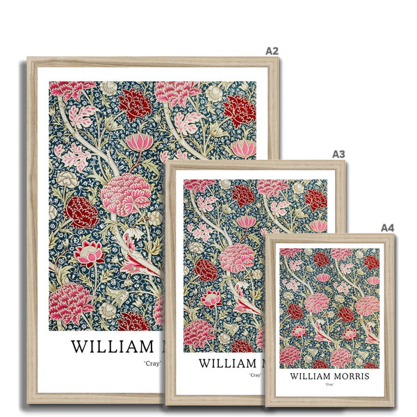Buy William Morris framed prints in A2, A3 and A4 sizes from Arty Stuff, the Wall Art Store. Morris's vintage nature-inspired pink, red and green Cray framed print design is a great gift for people who love their home, to add a pop of colour, and as a gift for mums, sisters and friends. Available in black, natural and white frames.